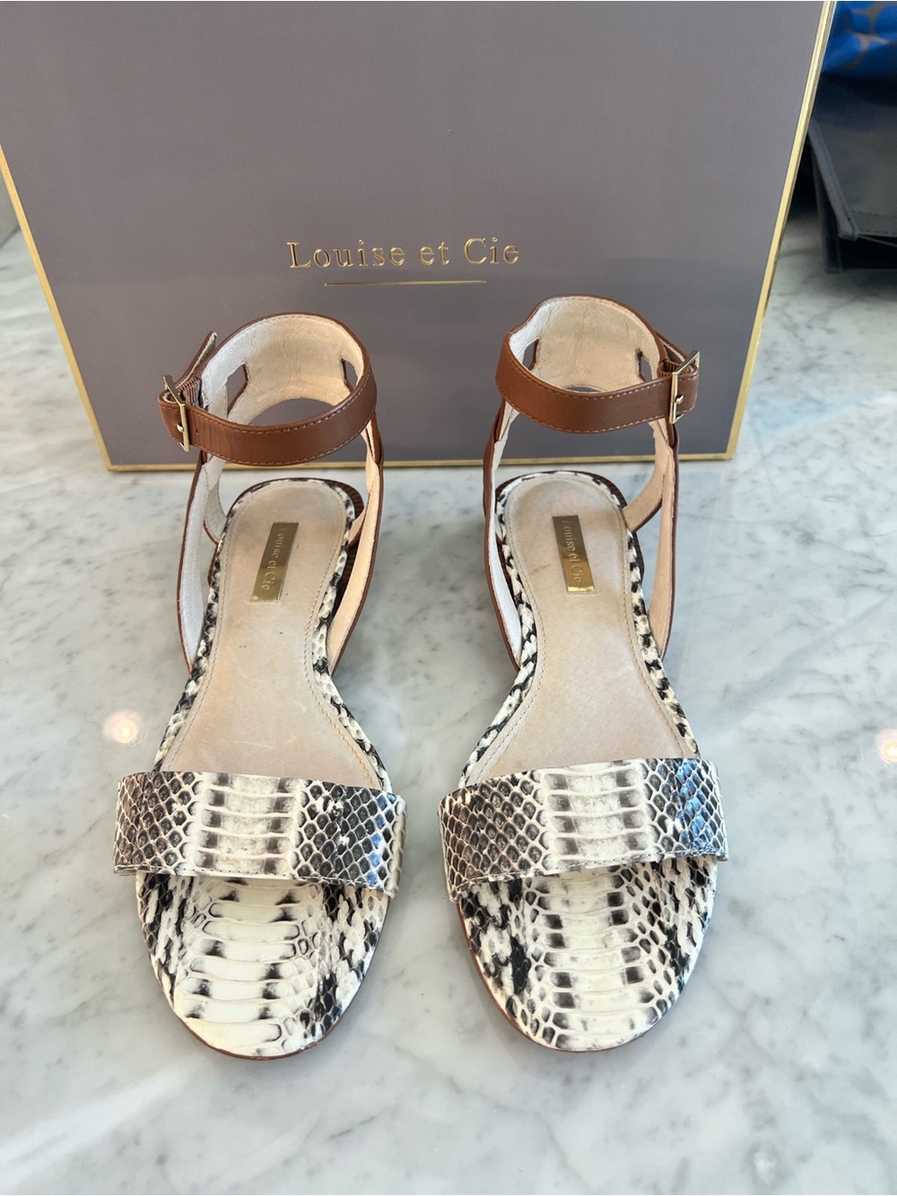 Louise et Cie Alessa Brown Ankle-Strap Sandals with Snake-Print
